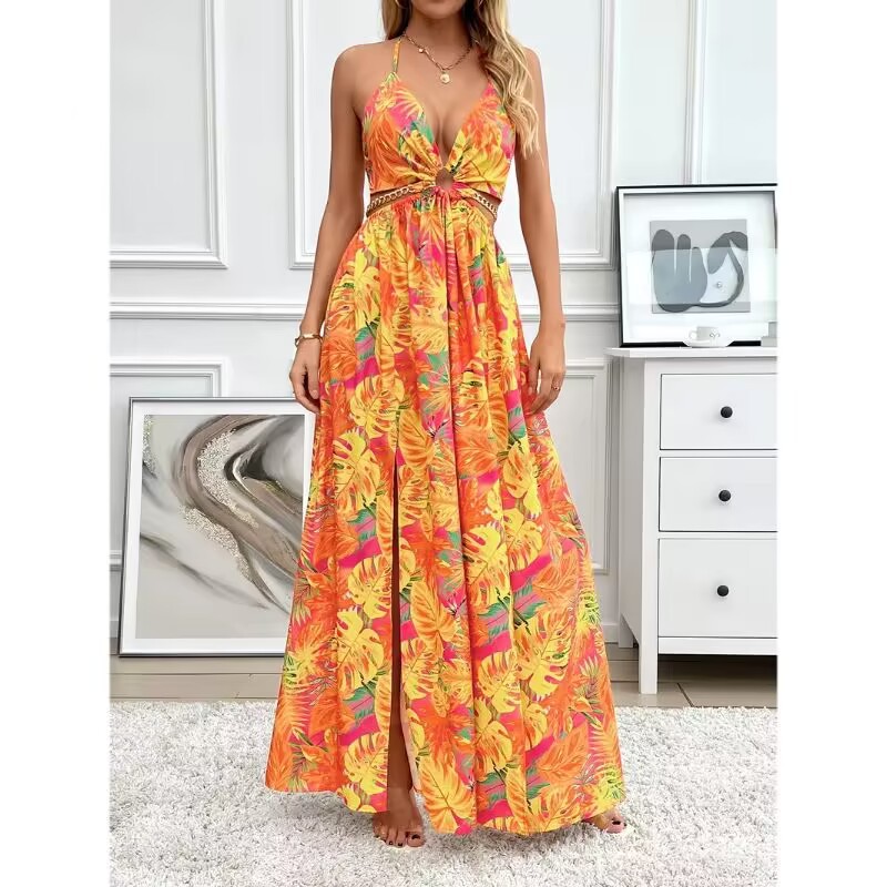 floral backless side-slit dress, view 4 - MRSLM