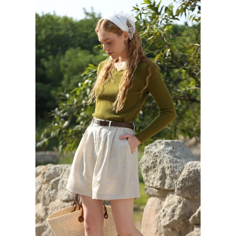 high waist linen shorts, view 7 - MRSLM