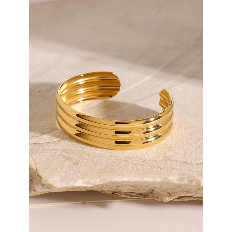 18k gold plated triple-layer open cuff bracelet, view 6 - MRSLM
