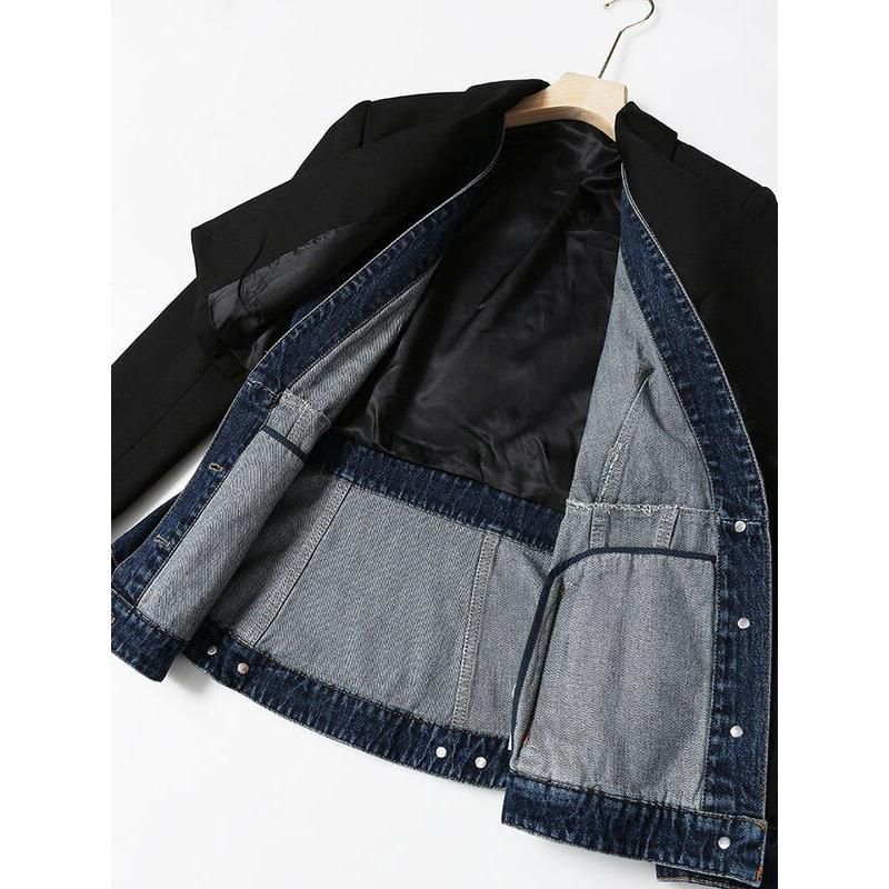 patchwork denim blazer for women, view 6 - MRSLM