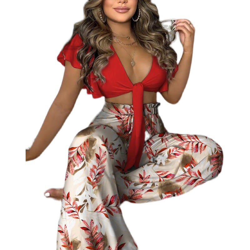 women's printed lace-up top and trousers set, view 3 - MRSLM