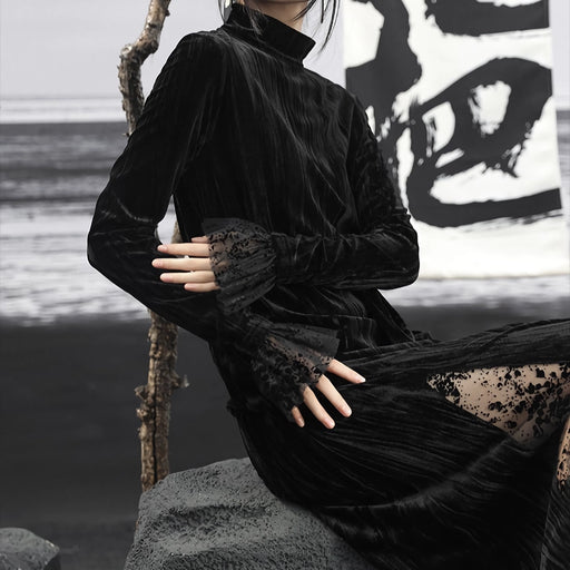 retro velvet mesh slim black dress - MRSLM
