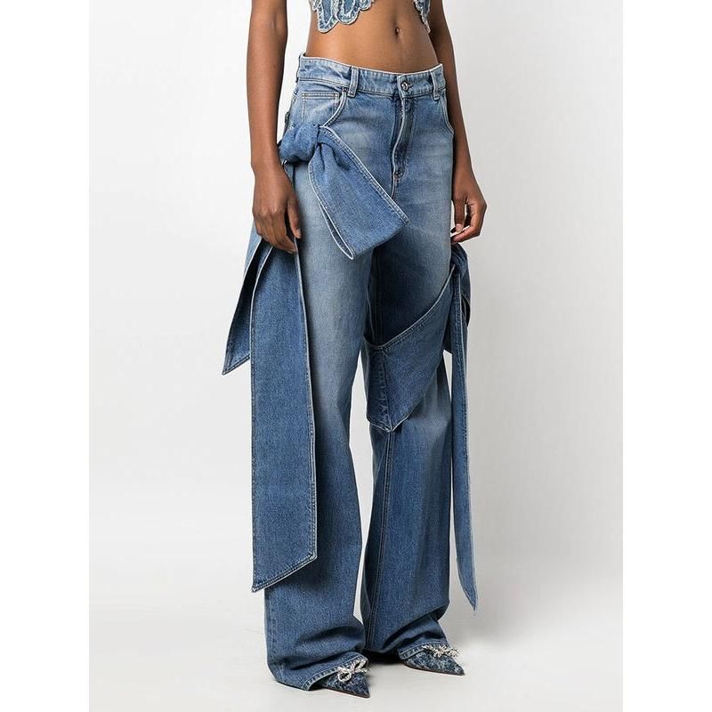 spliced bowknot casual jeans, view 3 - MRSLM