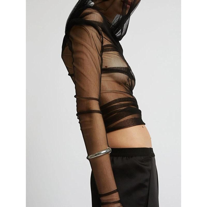 sheer mesh off-shoulder backless t-shirt, view 6 - MRSLM
