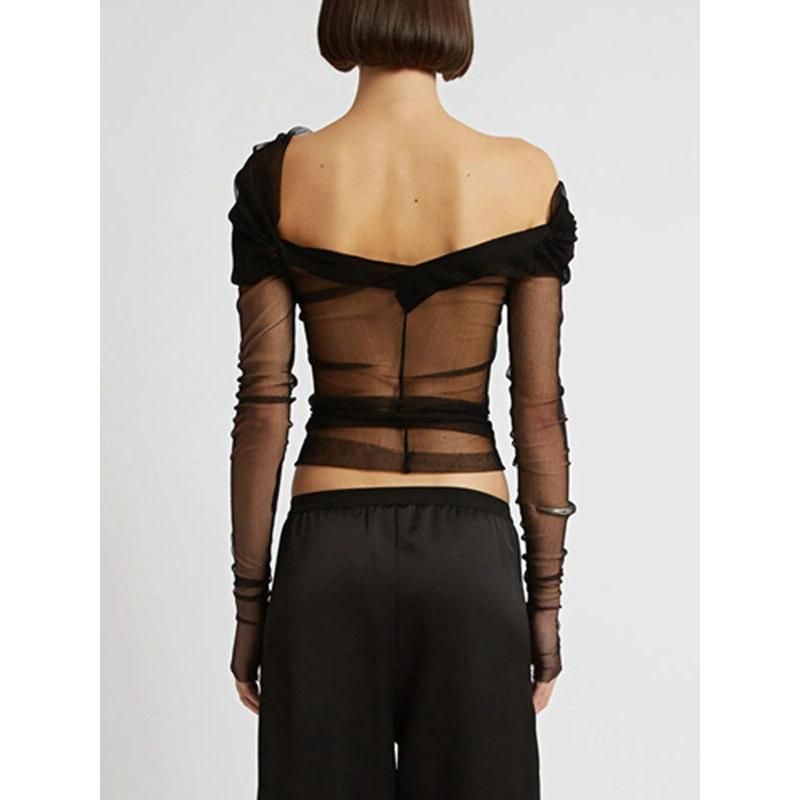 sheer mesh off-shoulder backless t-shirt, view 7 - MRSLM