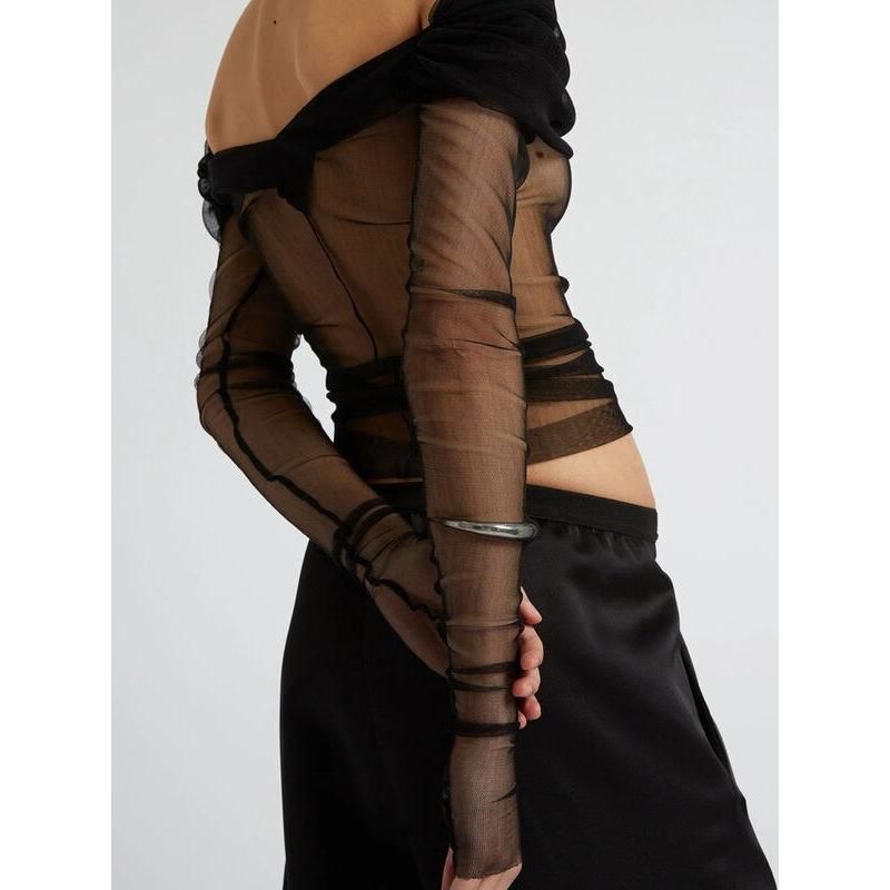 sheer mesh off-shoulder backless t-shirt, view 4 - MRSLM