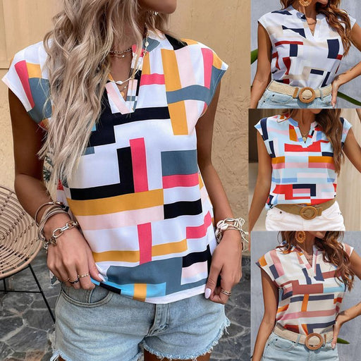 digital print doll sleeve v-neck top - MRSLM