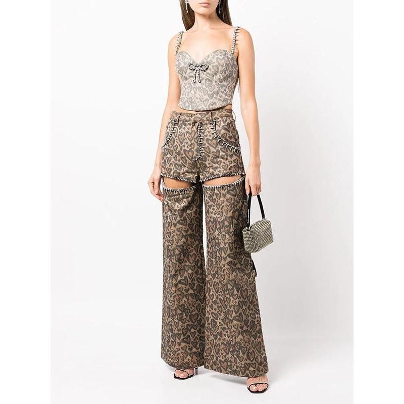 high waist patchwork leopard denim trousers, view 4 - MRSLM