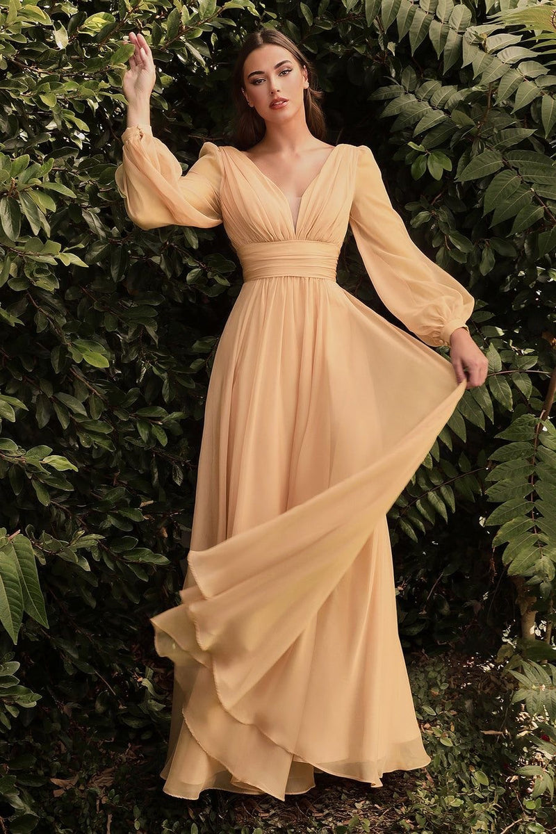 long sleeve chiffon deep V dress, view 10 - MRSLM