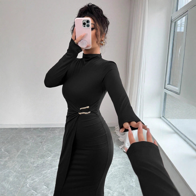women's black knit maxi dress, view 2 - MRSLM