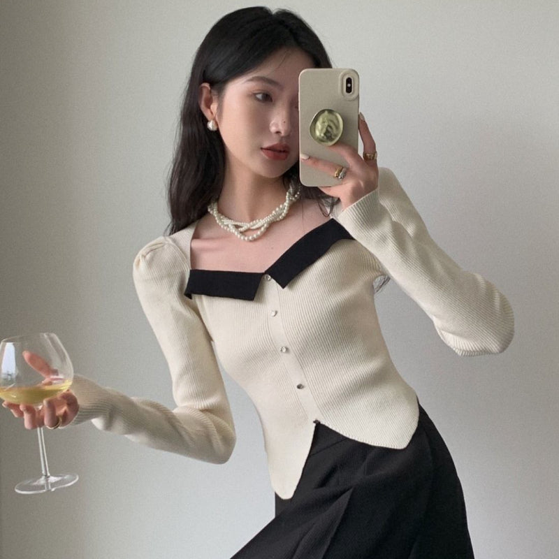 women's color-blocked square collar puff sleeve sweater, view 5 - MRSLM