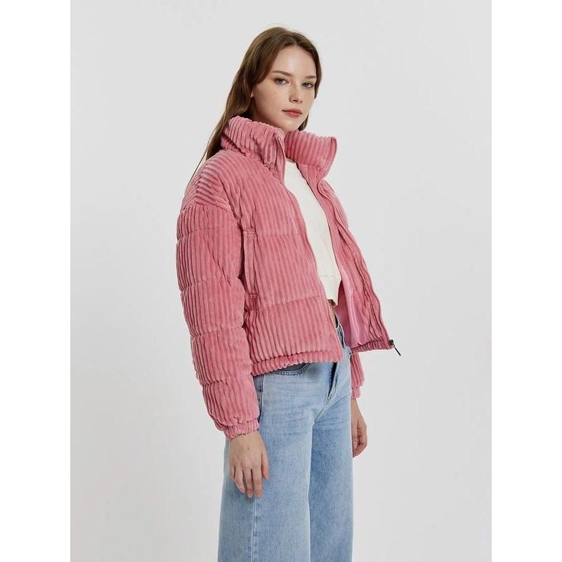 Pink striped corduroy turtleneck puffer jacket, view 3 - MRSLM