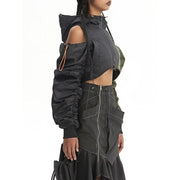 asymmetric hooded patchwork jacket, view 3 - MRSLM