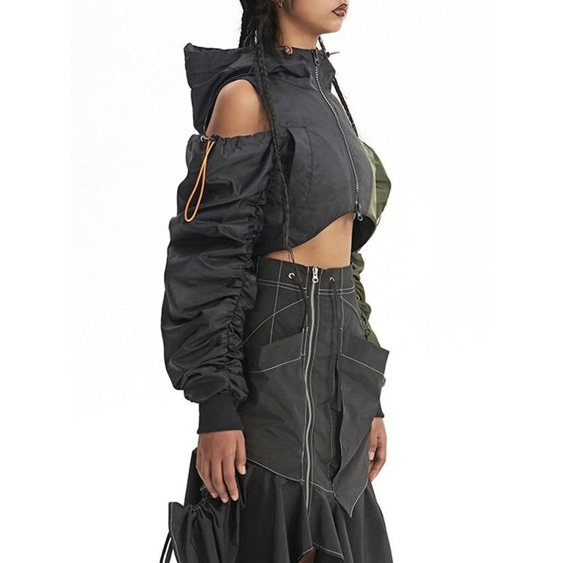 asymmetric hooded patchwork jacket, view 3 - MRSLM