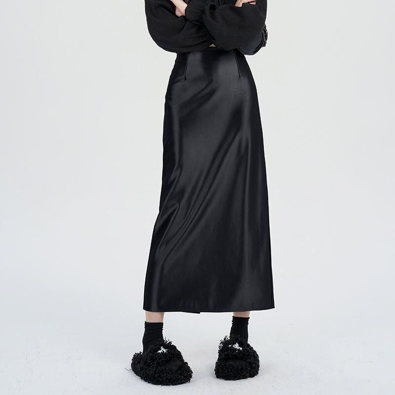 high waist satin maxi skirt, view 2 - MRSLM
