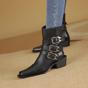 genuine leather square toe chunky heel ankle boots - MRSLM