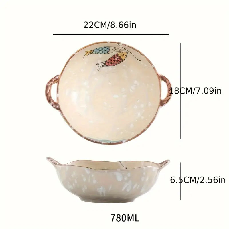 Cat design ceramic soup bowl with handle, view 2 - MRSLM