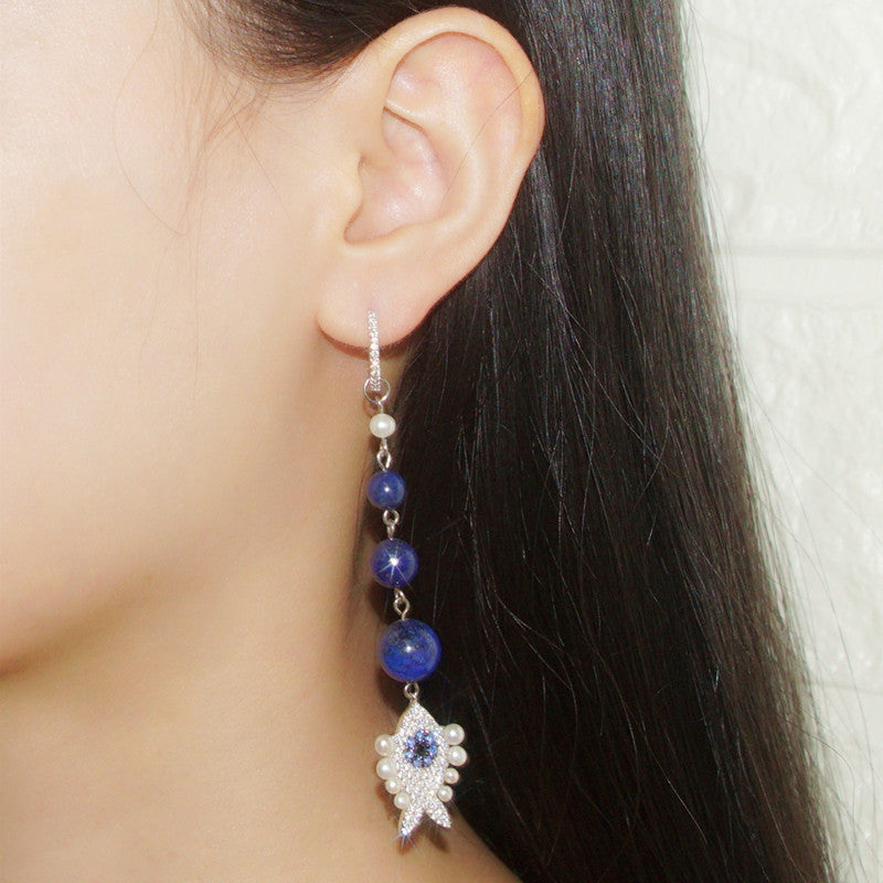 Female Diamond Green Pine Lapis Lazuli Small Fish Ear Ring