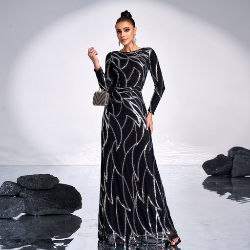long sleeve sequined banquet dress, view 7 - MRSLM