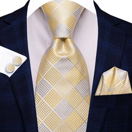 champagne plaid silk tie set for men - MRSLM