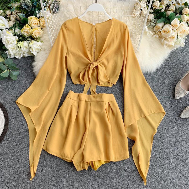 New Design Sense Bell Sleeve Chiffon Shirt High Waist Wide Leg Shorts Western Style Two-piece Suit