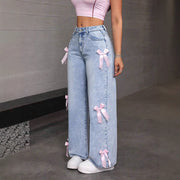 bowknot washed wide-leg jeans, view 2 - MRSLM