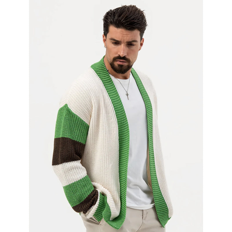 patchwork knit v neck cardigan sweater, view 3 - MRSLM