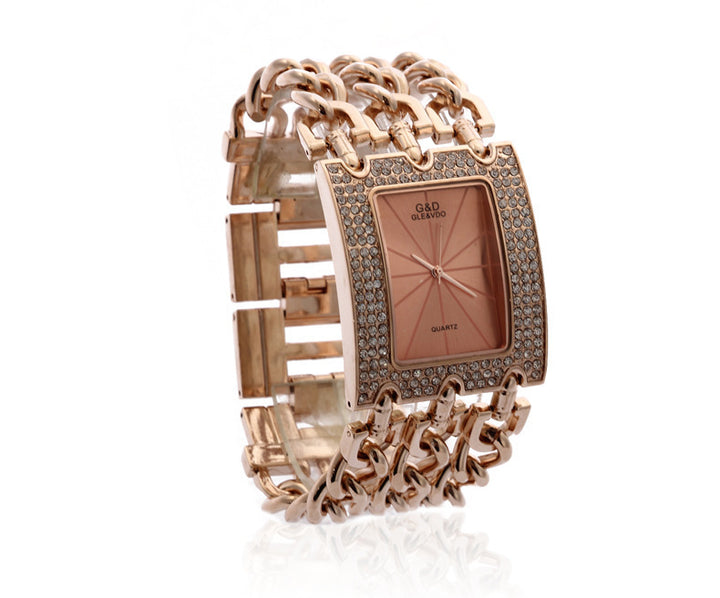 Women's Quartz Watch With Diamonds Three Links Gold And Rhinestones