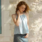 blue striped linen halter crop top - MRSLM