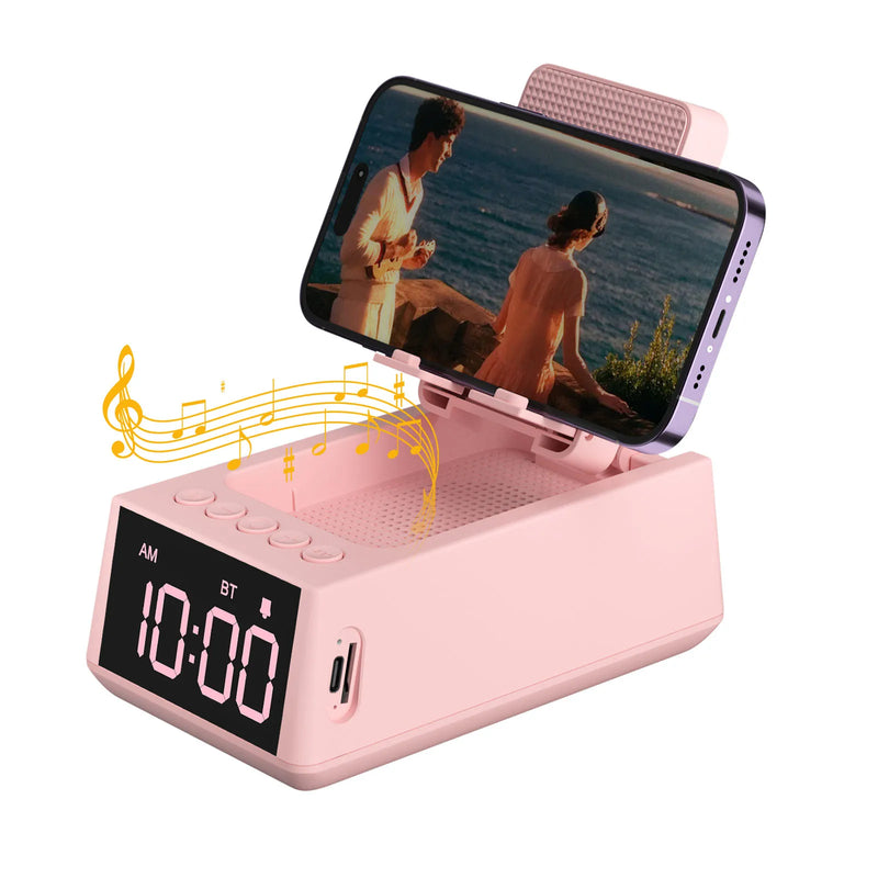 foldable bluetooth speaker stand with alarm clock, view 3 - MRSLM