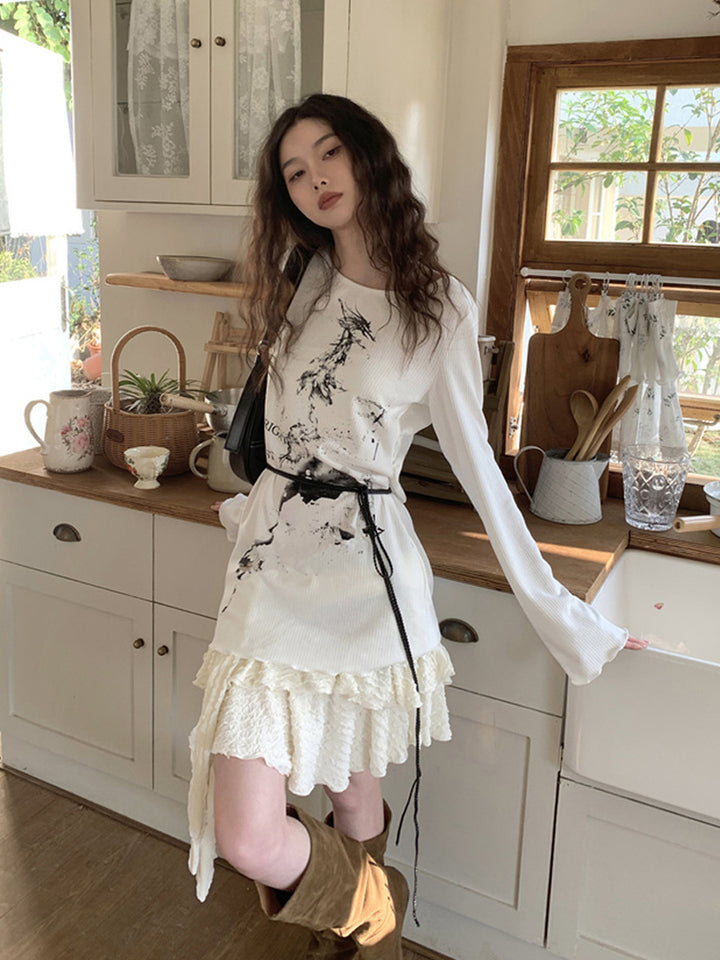 Printed Knitted T-shirt High Waist Short Irregular Skirt Two-piece Set