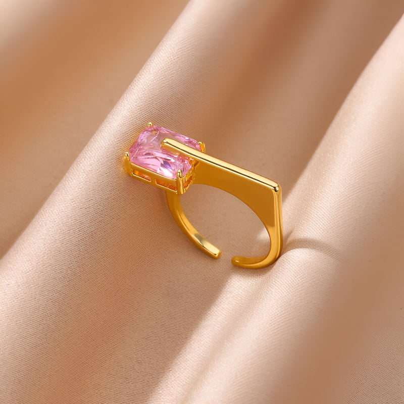 pink square zircon gold-plated ring, view 5 - MRSLM
