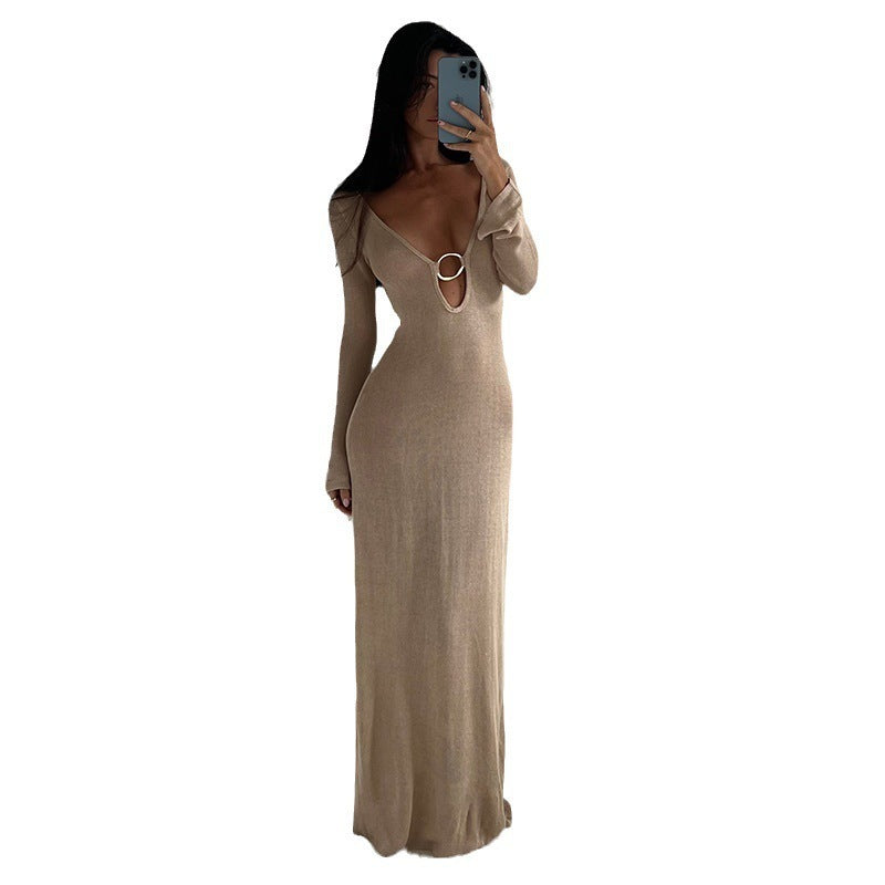 v-neck backless long sleeve knitted dress, view 4 - MRSLM