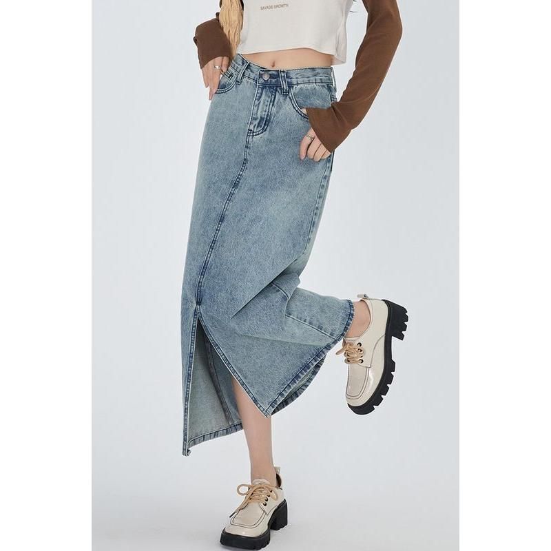 Classic high waist straight denim skirt, view 6 - MRSLM