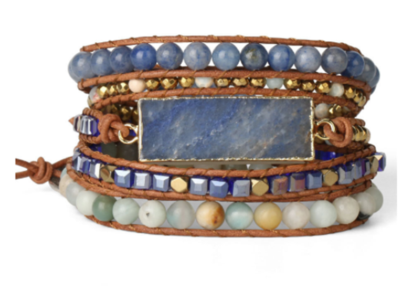 Multilayer Leather Wrap Crystal Blue Aventurine Bracelet