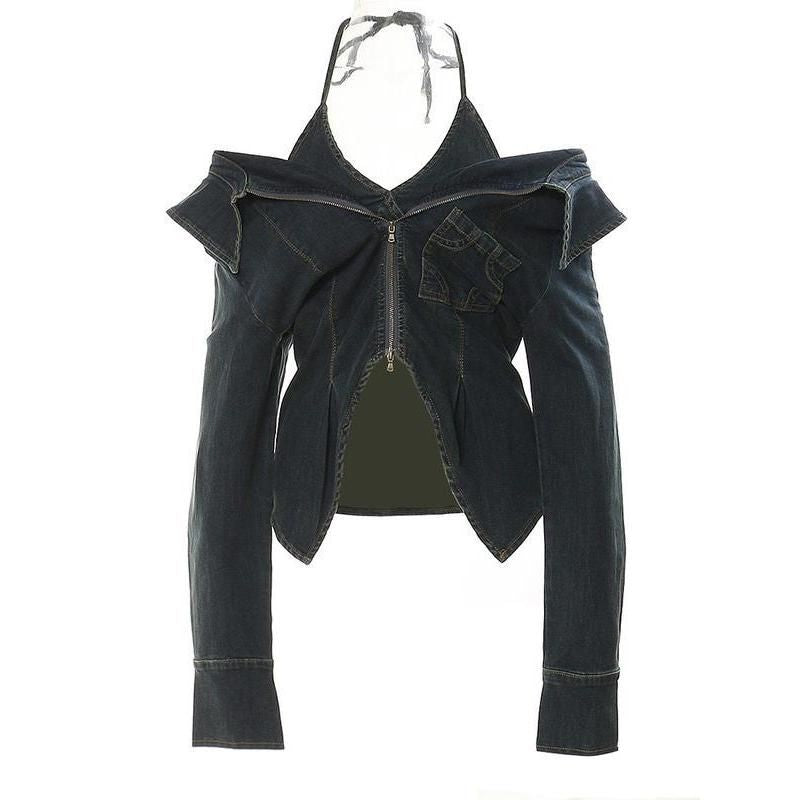 Slim denim topcoat with double-layer zipper, view 5 - MRSLM
