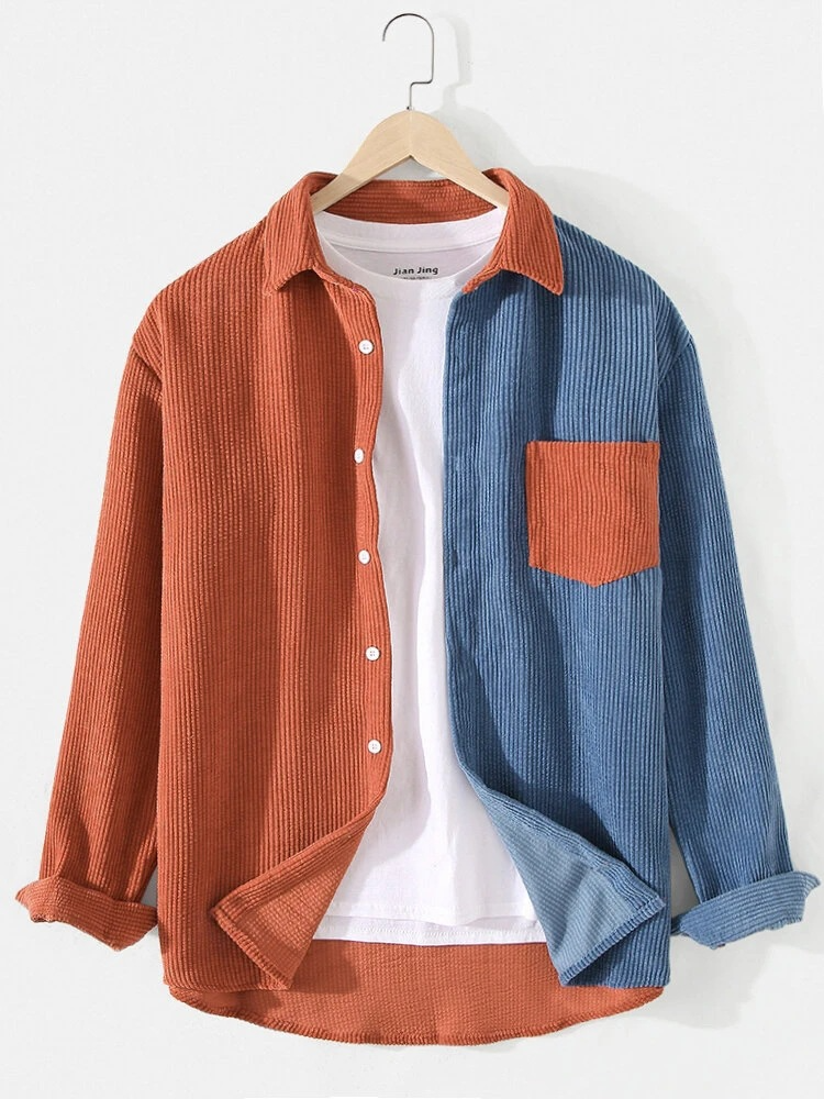 Corduroy Mens Solid Color Lapel Long Sleeve Simple Shirts with Patchwork Pocket