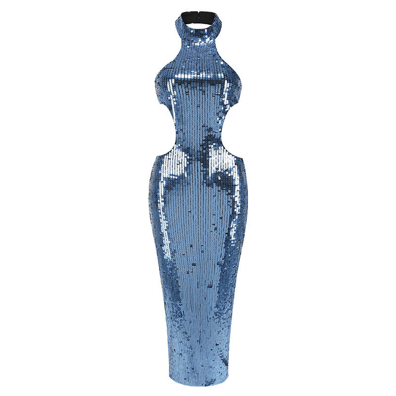 sequin halter long dress, view 3 - MRSLM