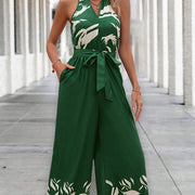 printed belt halter backless wide leg jumpsuit - MRSLM