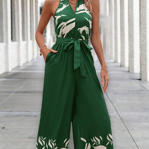 printed belt halter backless wide leg jumpsuit - MRSLM
