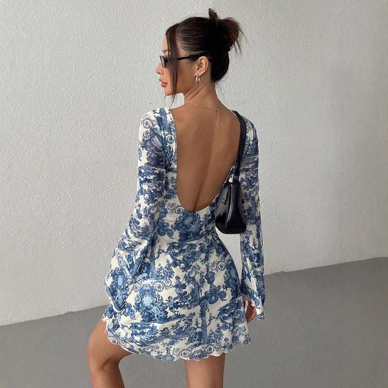 printed flare sleeve backless mesh dress, view 2 - MRSLM