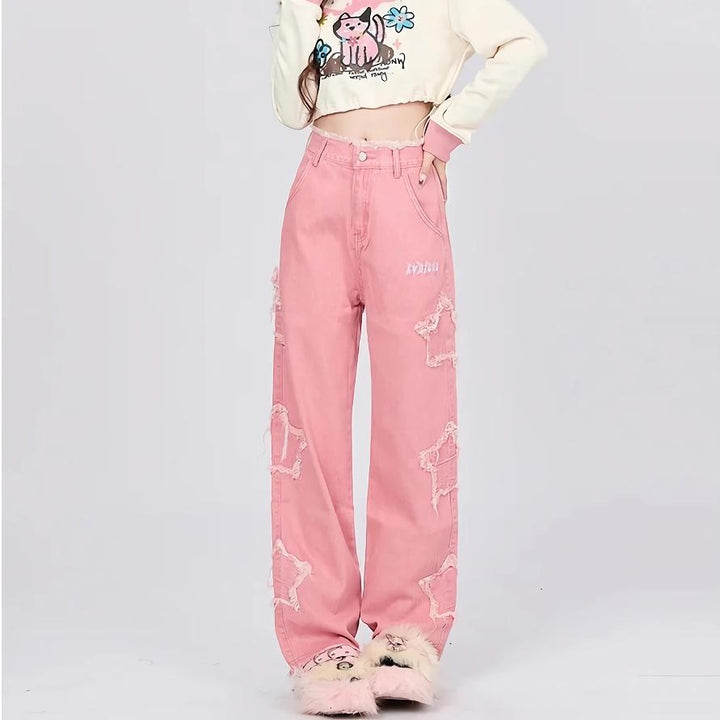 Women's Pink Vintage High-Waisted Wide Leg Jeans