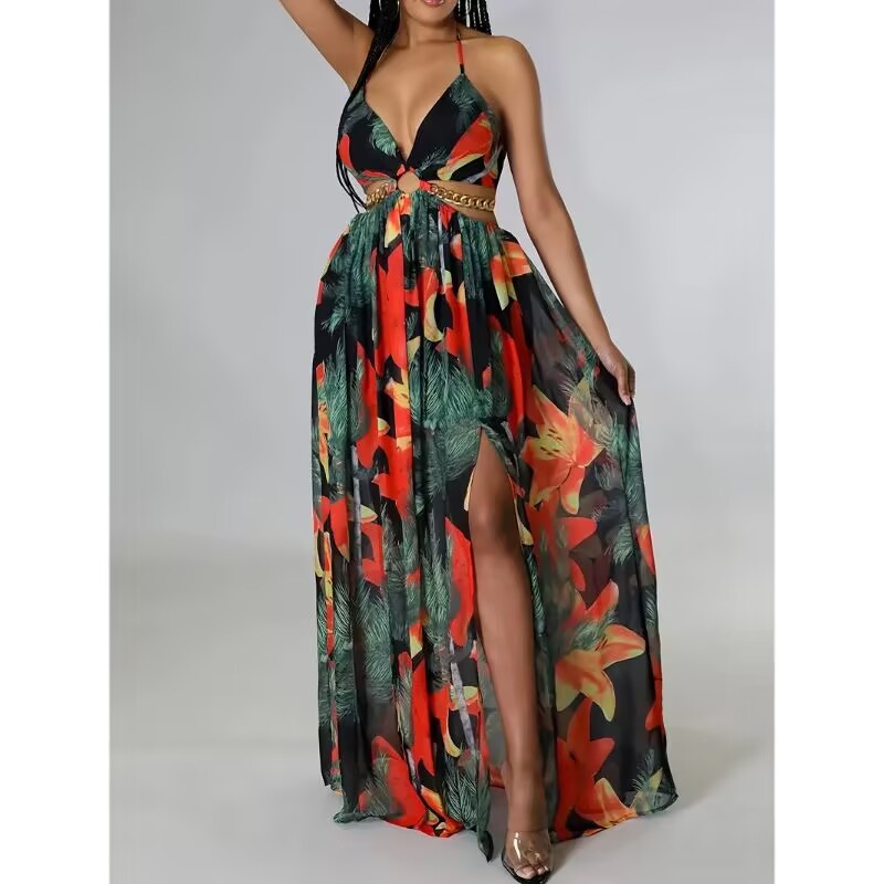 floral backless side-slit dress, view 6 - MRSLM