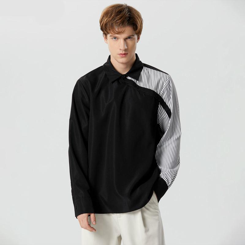 striped patchwork men's long sleeve shirt, view 4 - MRSLM