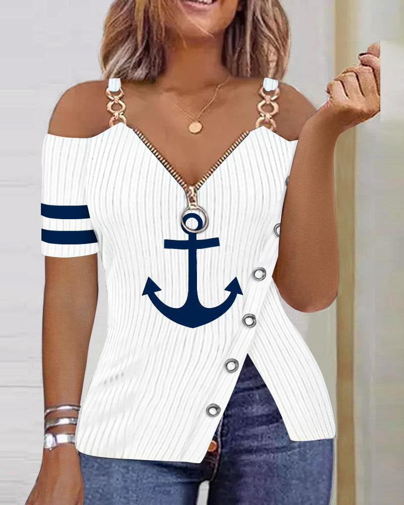 Boat Anchor Pattern Printed Zipper T-shirt