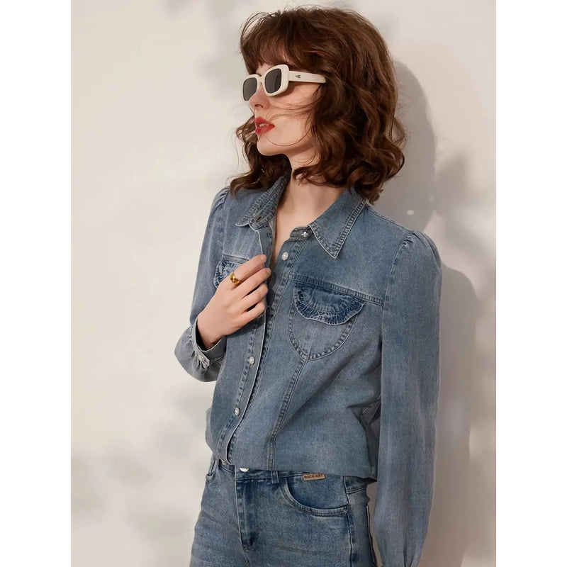 turn-down collar denim blouse, view 7 - MRSLM