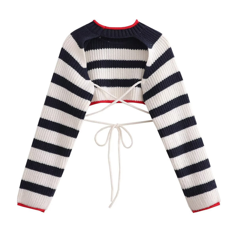 Women's lace-up striped plaid sweater, view 2 - MRSLM