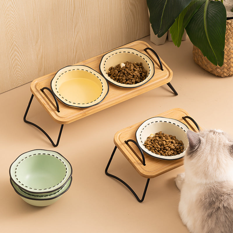 ceramic dog and cat bowl with wood stand, view 9 - MRSLM