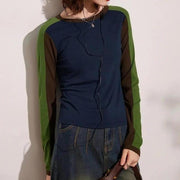 long sleeve round neck contrast color top - MRSLM