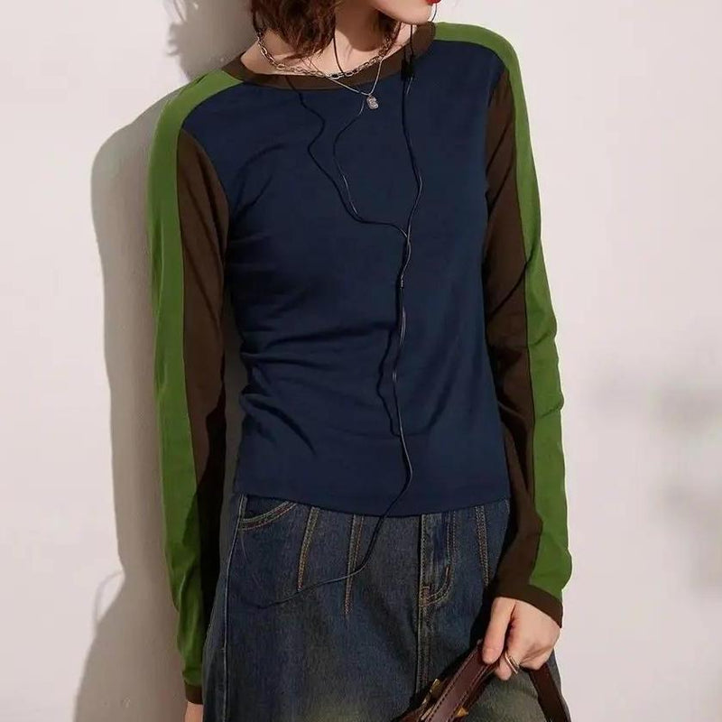 long sleeve round neck contrast color top - MRSLM
